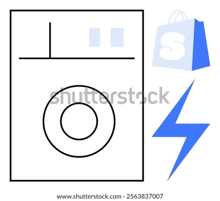 A washing machine next to a shopping bag and a lightning bolt. Ideal for technology, home appliances, online shopping, energy efficiency, and modern living themes. Minimalistic outline style