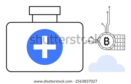 A medical kit with a cross symbol next to a Bitcoin logo atop a circuit board. A cloud icon is below. Ideal for discussing healthcare, cryptocurrency, tech innovation, digital transactions, financial