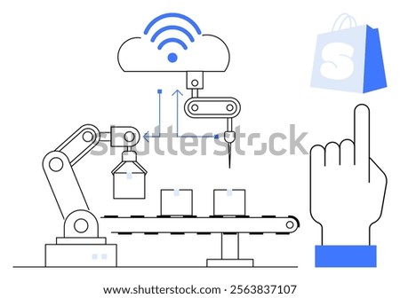 Robotic arm on conveyor belt connected to cloud via wireless signal. Finger pointing towards shopping bag icon demonstrating automation and digital commerce. Ideal for manufacturing, e-commerce