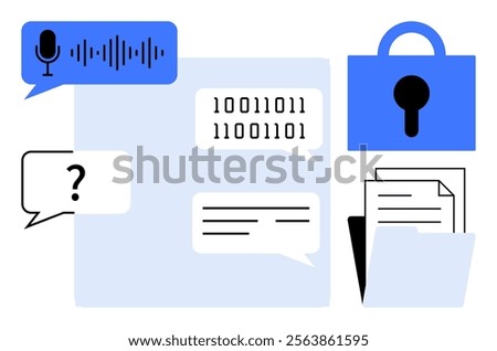 Modern design showing various elements such as speech bubbles, lock icon, binary code, files, and audio waveform. Ideal for cybersecurity, data encryption, digital communication, privacy protection