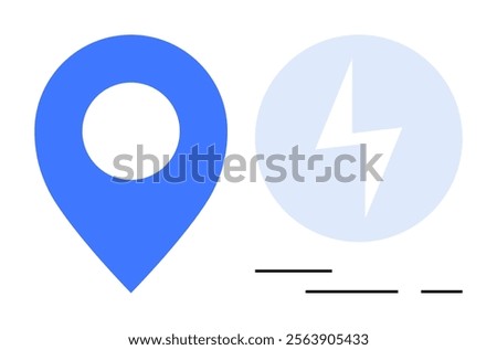 Minimalistic blue location pin next to a light blue lightning bolt icon inside a circle on a white background with black lines beneath. Ideal for navigation apps travel energy themes technology