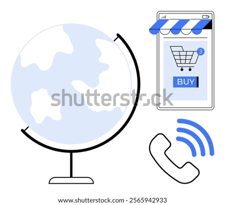 Globe representing global reach, smartphone with online shopping cart showcasing digital commerce, and phone with signal waves indicating communication. Ideal for e-commerce, globalization, mobile