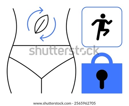 A minimalist design showing a womans lower torso with a leaf symbol, a running figure, and a lock icon. Ideal for health, fitness, wellness, security, diet, and protection themes. Simple graphic