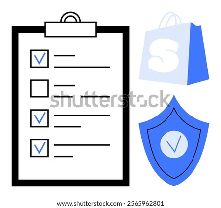 A clipboard with checkmarks, a shopping bag, and a shield icon with a checkmark Ideal for productivity, security, shopping, verification, and organization. Clean design emphasizes task completion