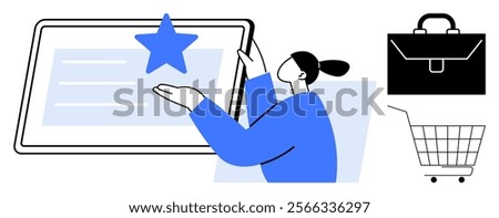 Businesswoman touching a star on a tablet screen, emphasizing service or product rating. Ideal for business, customer satisfaction, e-commerce, technology, digital marketing. Clean, minimalist style