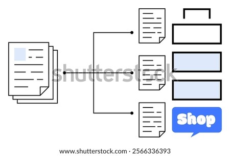 Multiple documents connected to different stages and elements by lines. Displays pathways leading to folders and a shopping sign. Ideal for business, e-commerce, workflow diagrams, organization