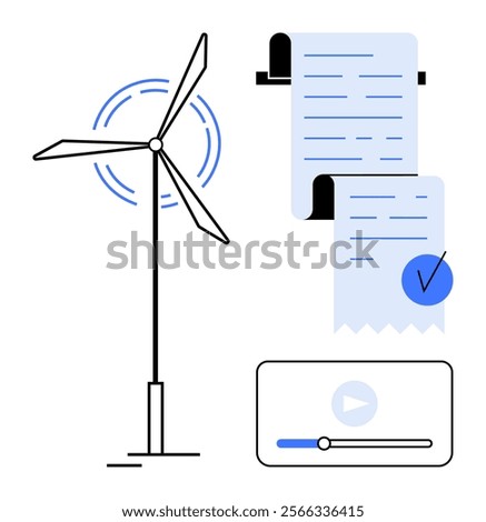 Wind turbine, documents with checkmark, and media player Ideal for themes of renewable energy, digital documentation, sustainability, modern technology, and digital transformation Minimalist modern