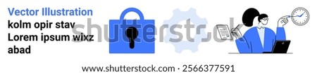 Blue lock representing security, gear icon symbolizing technical support, person reviewing documents by laptop. Ideal for technology, cybersecurity, support services, document management, and time