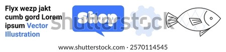 Text placeholder on left, chat bubble with Shop text in the center, gear icon, and a fish. Ideal for online shopping, customer service, e-commerce, technology, and marketing concepts. Banner