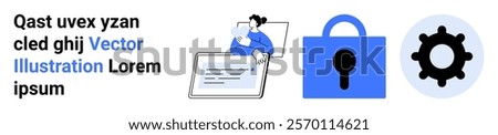 Person holding document next to a large lock and gear symbols. Ideal for technology, information security, user interface, digital solutions, and innovation concepts. Banner for landing page