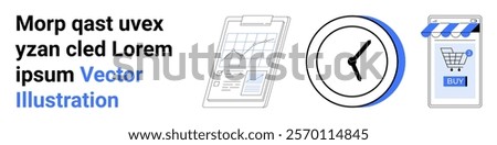 Charts and graph clipboard, clock symbolizing time management, and online shopping icon with Buy button. Ideal for e-commerce, business analytics, time management, online retail, marketing. Banner