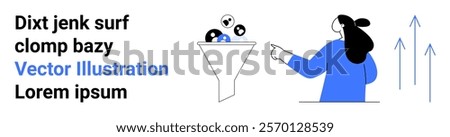 A person points at a funnel filled with various icons symbolizing data analysis. Three upward arrows indicate growth and success. Ideal for data analytics, business growth, marketing strategies