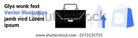 Black briefcase next to upward arrows and shopping bag with text on the left. Ideal for business, finance, e-commerce, marketing, startup. Landing page