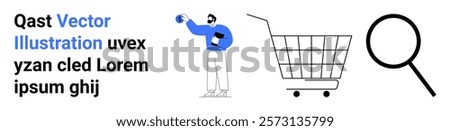 Man holding item with clipboard, shopping cart, and magnifying glass. Ideal for online shopping, retail, product search, e-commerce analytics, virtual shopping. Banner for landing page