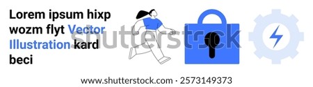 A person running beside a blue lock symbol and a gear with a lightning bolt. Ideal for technology, digital security, user protection, online platforms, and cybersecurity awareness. Banner for landing