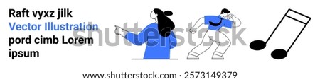 Two characters in dynamic poses appear to be dancing alongside a prominent musical note. Ideal for creativity, music, dance, modern design, youthful energy. Banner for landing page