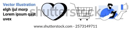 Heart symbol, shopping cart, and person with tablet and thumbs up icon. Ideal for e-commerce, online shopping, customer reviews, digital marketing, web design. Banner for landing page