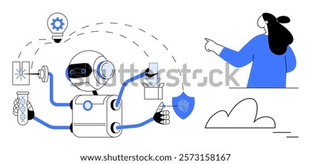 Multifunctional robot performing tasks like lighting, 3D printing, chemistry, delivery with a person supervising. Ideal for robotics, automation, technology, innovation, industrial applications