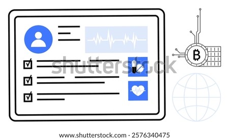 Digital medical record with user details, health data, checklists, pill and heart icons. Ideal for healthcare, digital records, blockchain technology, medical data security, and online health