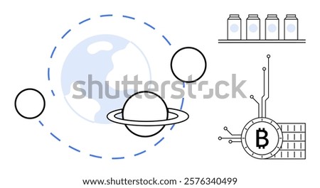 A futuristic space system with planets orbited by rings, shelves with jars on the right, and a digital Bitcoin symbol connected to circuitry. Ideal for technology, finance, cryptocurrency