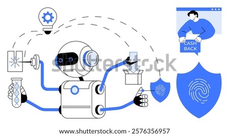 Robot with multiple arms handling a test tube, light bulb, and packing box, with shield symbol and person receiving cash. Ideal for innovation, technology, e-commerce, research, and security