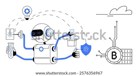 A multi-armed robot interacting with scientific instruments, a light bulb, a shield, Bitcoin, and a database. Ideal for automation, robotics, artificial intelligence, blockchain technology