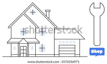 Simple styled house with garage attached, multiple windows, chimney, and entrance porch. Wrench symbolizes repair and maintenance. Shop icon provides commercial context. Ideal for home improvement