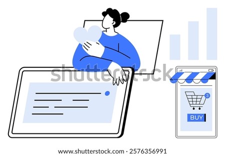 Person holding a heart beside a tablet and smartphone with a buy button. Ideal for e-commerce, online shopping, digital marketing, customer engagement, and business growth themes. Simple, modern