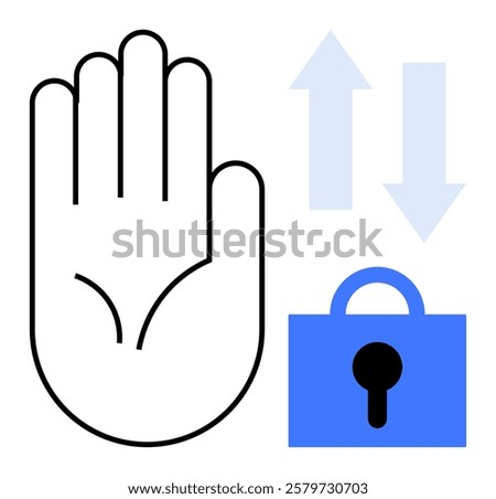 Hand raised with palm visible next to padlock and upward downward arrows. Ideal for security, access control, entry permissions, biometric authentication, and privacy protection. Simple minimal