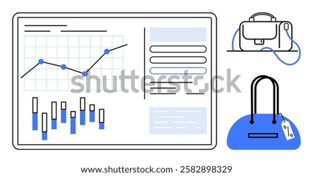 Data analytics dashboard with line chart, bar graph, and handbags. Ideal for business analysis, e-commerce, fashion industry, market research, advertising, online stores, digital marketing. Line