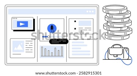 Digital dashboard featuring video, microphone, chart, and text icons. Stacked coins and a briefcase suggest financial and professional themes. Ideal for finance, business, media, analytics