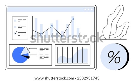 Analytics dashboard displaying pie chart, line graph, bar chart, and document chart. Ideal for data analysis, business reports, market research, financial reviews, performance tracking, strategy