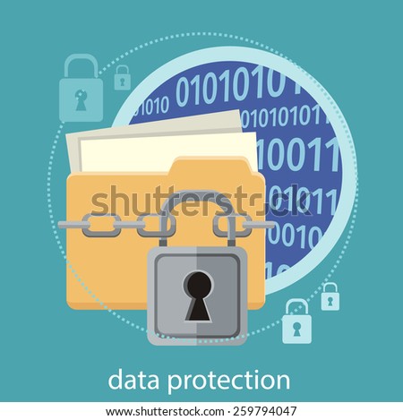 Yellow folder and lock. Data security concept. Data protection and safe work. Concept in flat design style. Can be used for web banners, marketing and promotional materials, presentation templates