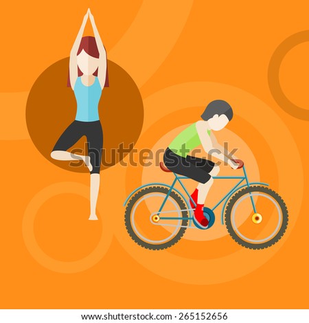Types of activity. High, normal, low and average active. Healthy lifestyles daily routine tips stick figure in flat design style on banner. Raster version