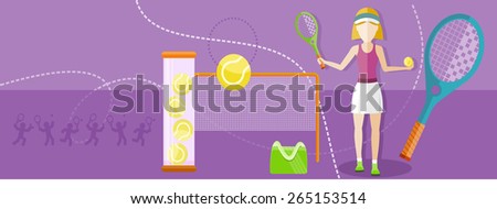Tennis sport concept with item icons. Portrait of sporty girl tennis player with racket in flat design style. Raster version