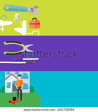 Man cutting grass in his garden yard with lawn mower. Sanitary works. Toolbox and wrench. Electrical work. Metal pliers with tangled blue red electric cable in flat design. Raster version