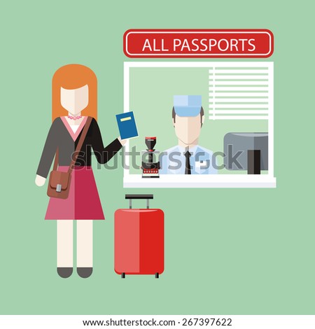 Border control concept in flat design. Woman gives a passport to check customs officers. Raster version