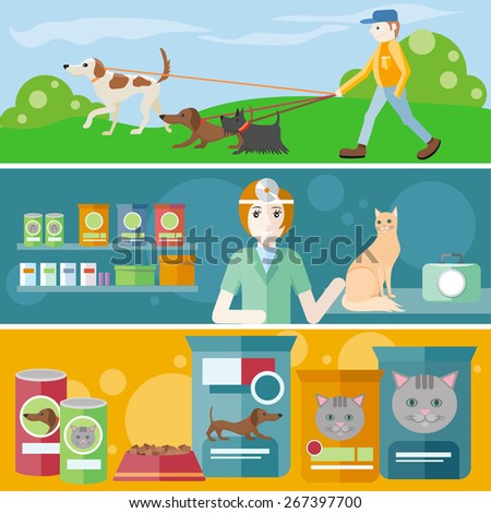 Profession concept with female veterinarian checking heartbeat of orange cat with stethoscope in vet clinic. Man walking with dogs on leash. Pet foods concept on banners in flat design. Raster version