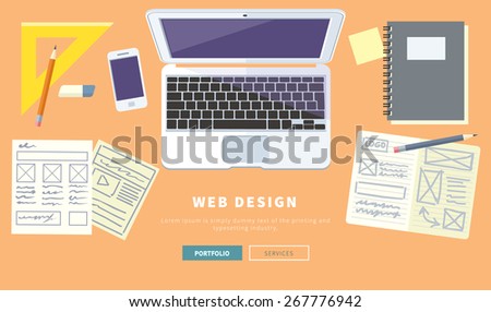 Designer office workspace with tools and devices in modern flat style. Creative process, logo, web and graphic design, design agency. Top view banner