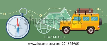 Off-road car with map and compass on road. Investigation untouched corners of nature. Travel by land. Hiking, travel, expedition. Outdoor adventure in flat design