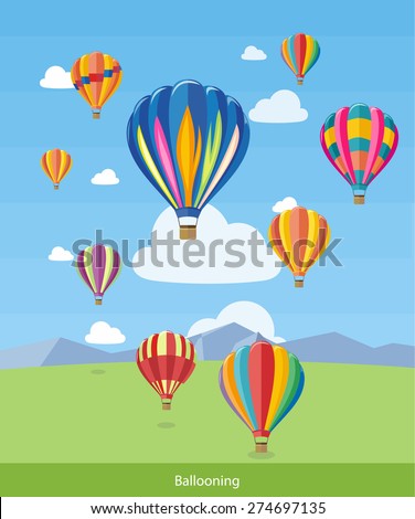 Colorful hot air balloons flying over the mountain. Icons of traveling, planning summer vacation, tourism and journey objects. Web banners, marketing and promotional materials, presentation templates 