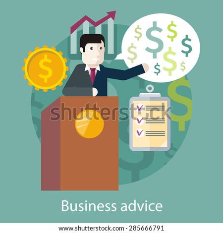 Concept of reason for a business meeting. Business advice. Cartoon speaker on the podium. For web design, analytic, graphic design, in flat design style.