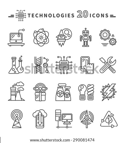 Set of technologies black thin, lines, outline icons for energy, robotics, communications, environment, aerospace, mechanical engineering on white background. For web construction, mobile applications