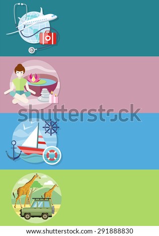 Wildlife Tourism. Wellness tourism. Flat design style modern concept of medical services abroad, along with the rest. Sailing vessel in clear blue water. Nautical tourism on banners. Raster version