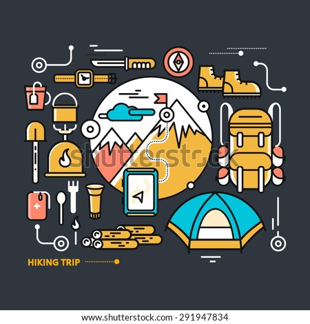 Mountains with snow peaks and tourist equipment. Hiking trip. Mountaineering. Travel. Thin, lines, outline icons for web design, analytics, graphic design and in flat design on black background