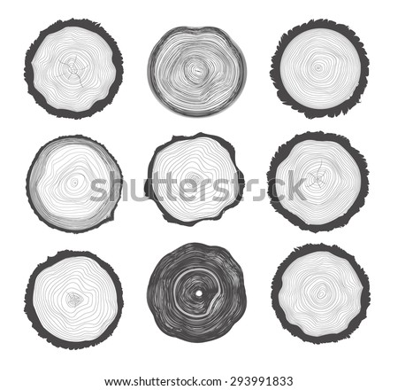 Collection set of 9 tree rings. Black color on white background. Raster version