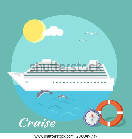 Cruise ship in blue water with dolphins. Water tourism. Icons of traveling, planning summer vacation, tourism. For web banners, marketing and promotional materials, presentation templates
