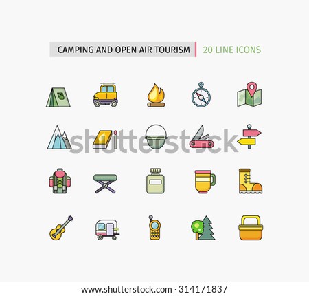 Set of thin line icons pictogram with flat elements on white background. Camping equipment, open air tourism, hiking activity, outdoors adventure, recreation tourism, mountain climbing. Raster version
