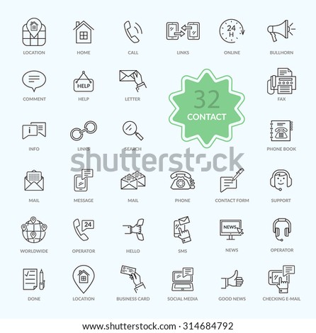 Thin, lines, outline icons of contact. Support concept set. Feedback icon. For web site construction, mobile applications, banners, corporate brochures, book covers, layouts etc.