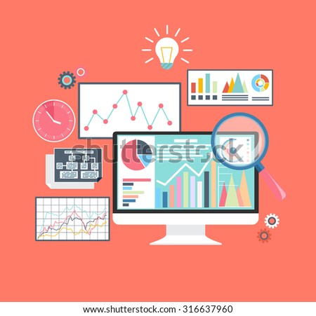 Analysis in flat style. Price movement. Stock exchange rates on monitors. Profit graph for diagram. Electronic stock numbers. Profit gain. Business stock exchange. Live online screen. Raster version